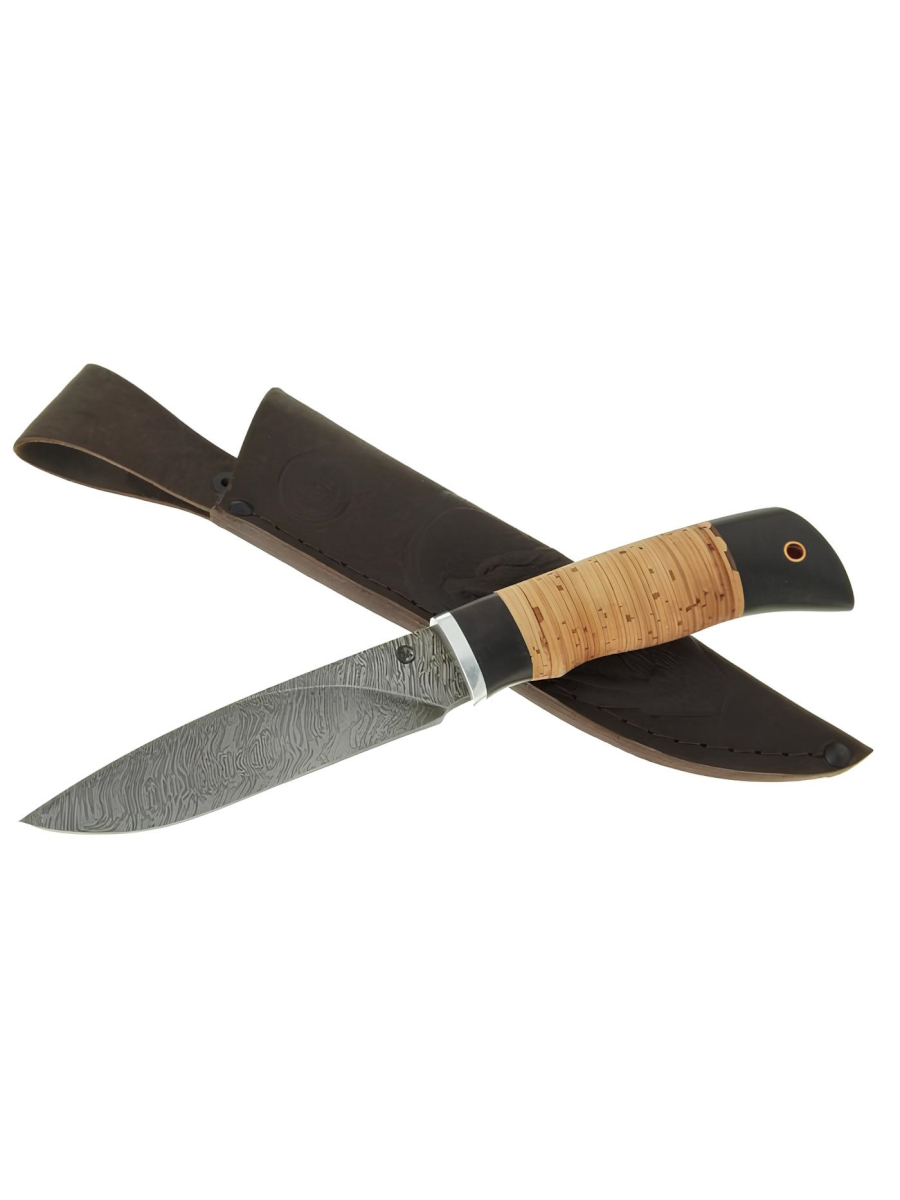 Нож Мурена из дамасской ст., береста, граб, дюраль 