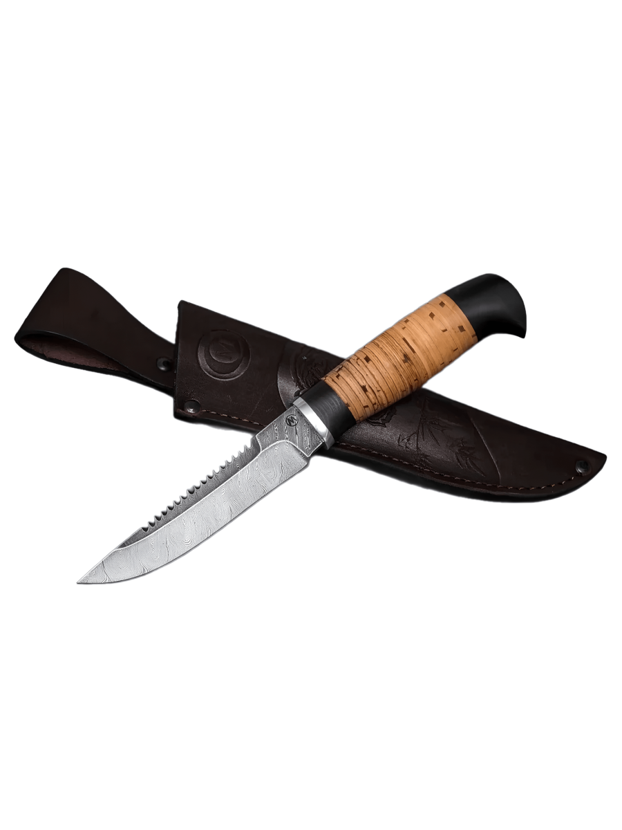 Нож Судак из дамасской стали, береста, граб, дюраль