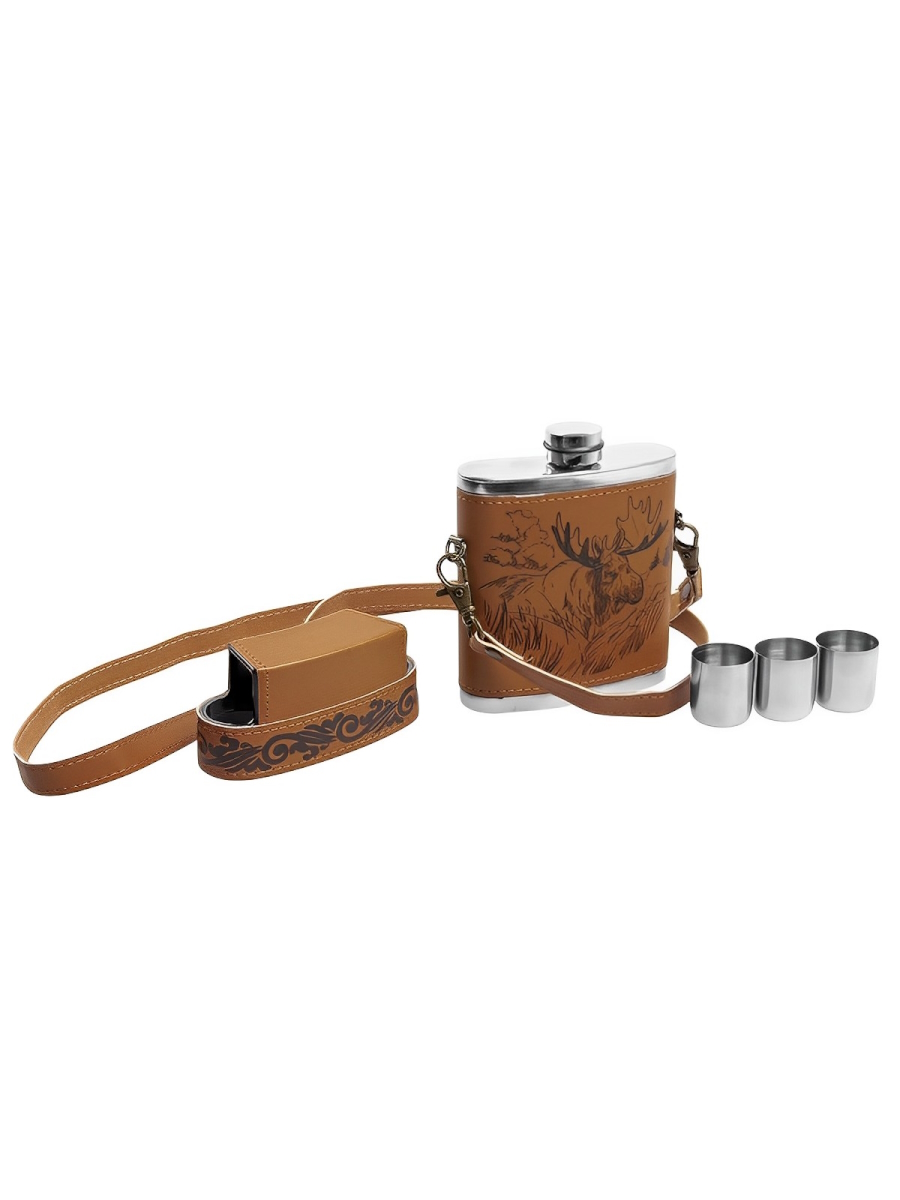 Фляжка Лось (фляжка 240мл + 3 стопки+ремешок)
