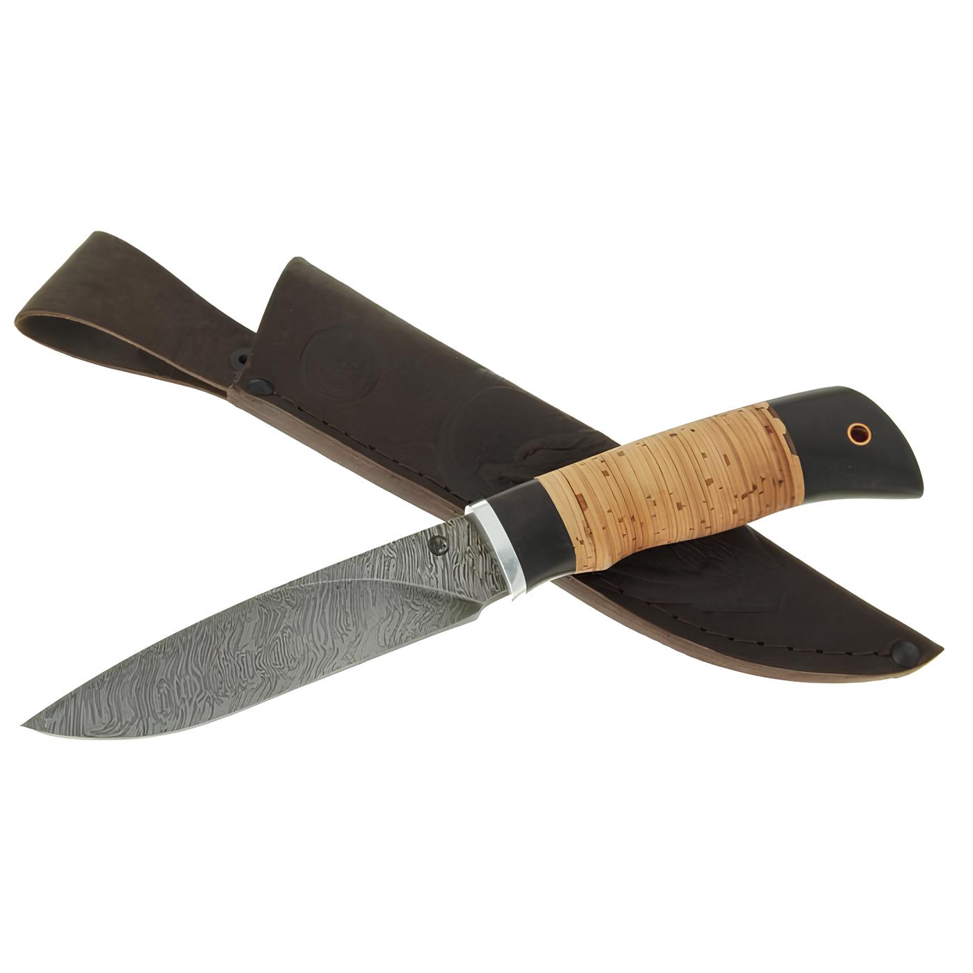 Нож Мурена из дамасской ст., береста, граб, дюраль