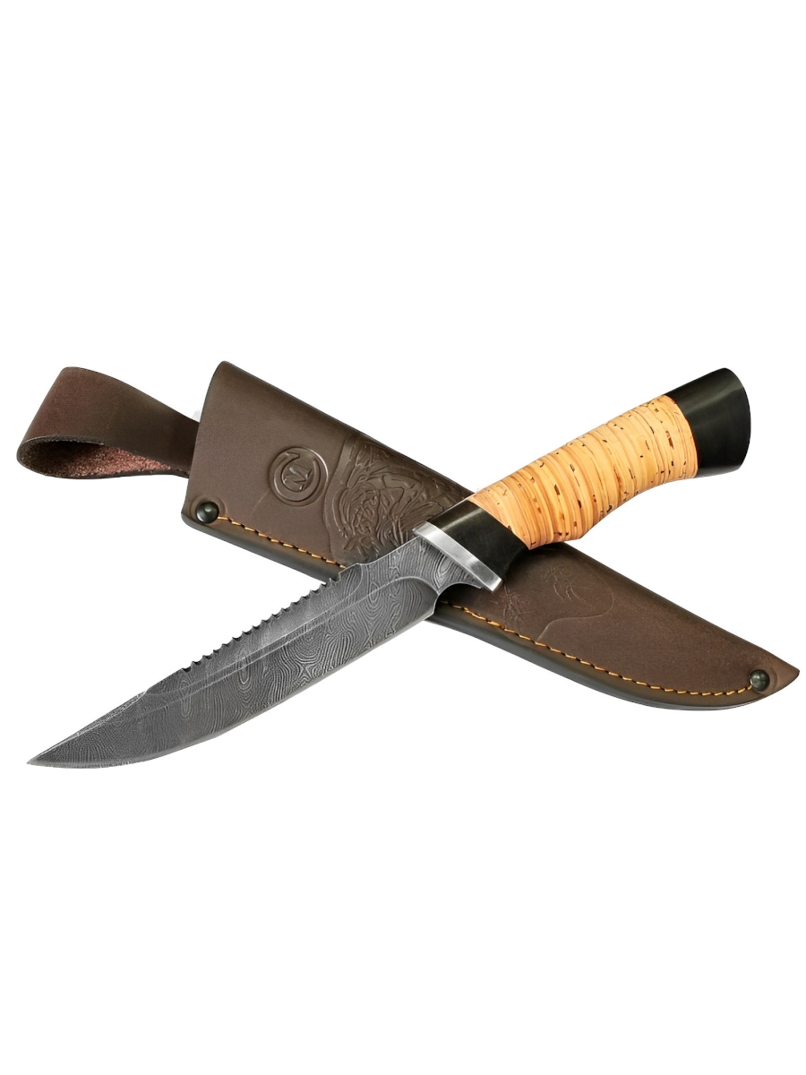 Нож Осетр из дамасск.ст., береста, граб, дюраль 