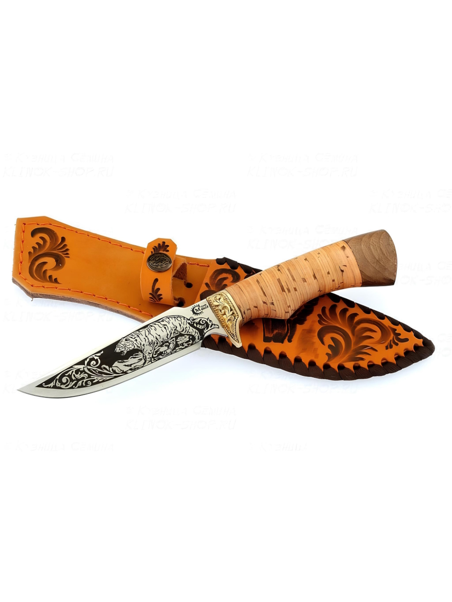 Нож Следопыт, ст.65х13, береста/амазакуйя, литье, гравировка 